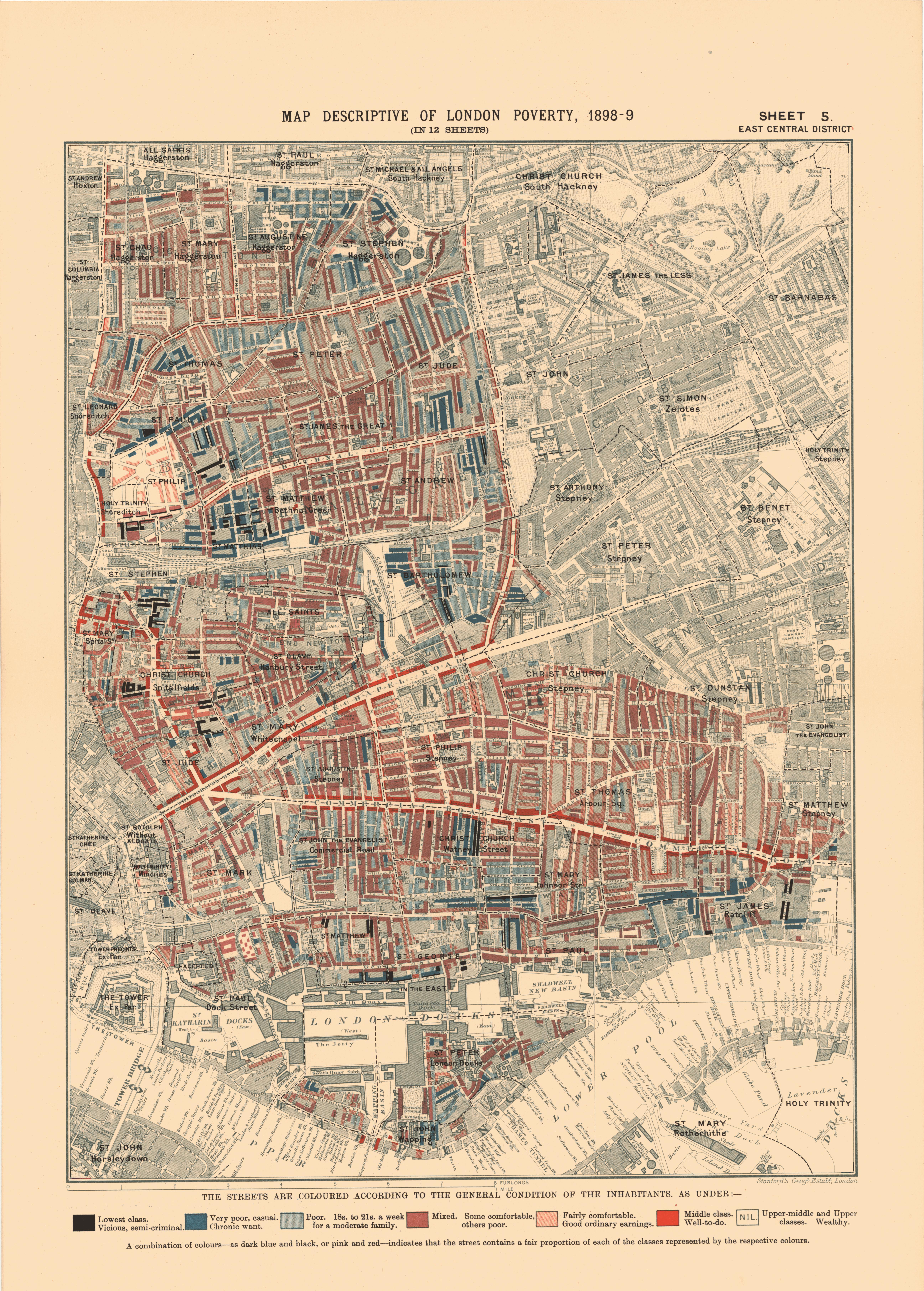 Antique map showing London poverty in 1898–99, with streets color-coded by income from wealthy (dark blue) to poorest (dark red); map covers East Central districts with a key at the bottom.