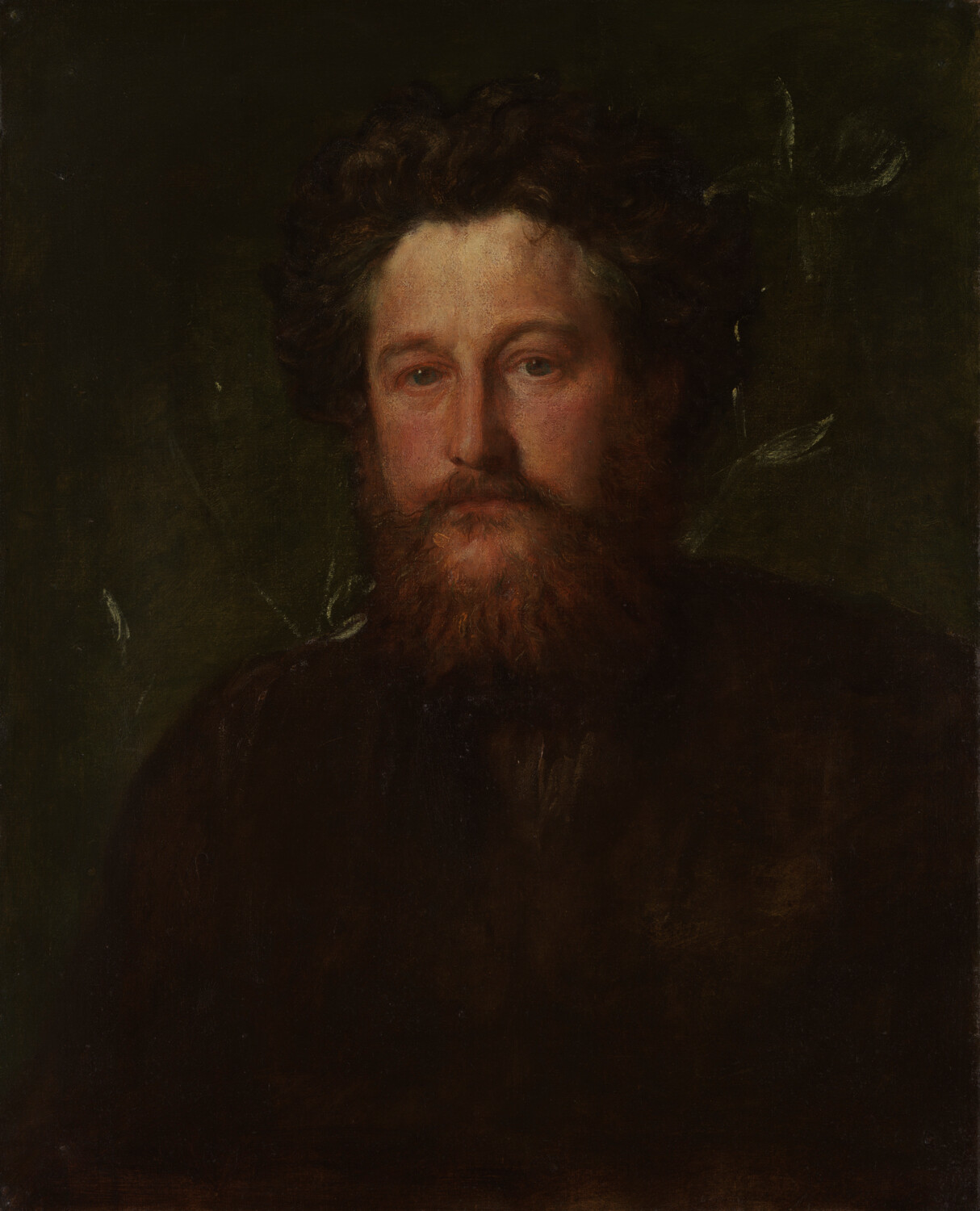 A painted portrait of a bearded man with curly dark hair, wearing a dark shirt, against a dark green background with faint leafy details.