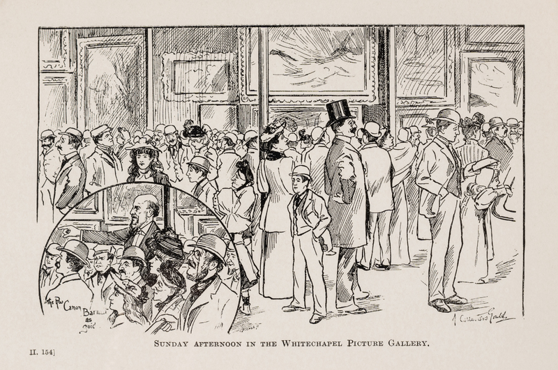 A crowded art gallery scene with men, women, and children viewing paintings on the walls. Most people wear hats and formal attire. An inset circle zooms in on a group of seated visitors observing the artwork.