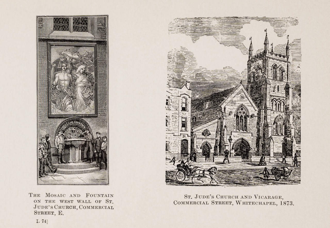 Two vintage illustrations: left, a mosaic and fountain on St. Judes Church wall; right, St. Judes Church and vicarage in Whitechapel, 1873, with people, horses, and carts on the street.