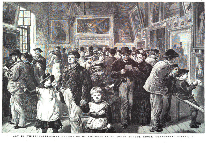 A crowded art exhibition in a Victorian-era gallery, with men, women, and children viewing framed paintings on the walls. People are dressed in 19th-century clothing and some are closely examining the artworks.