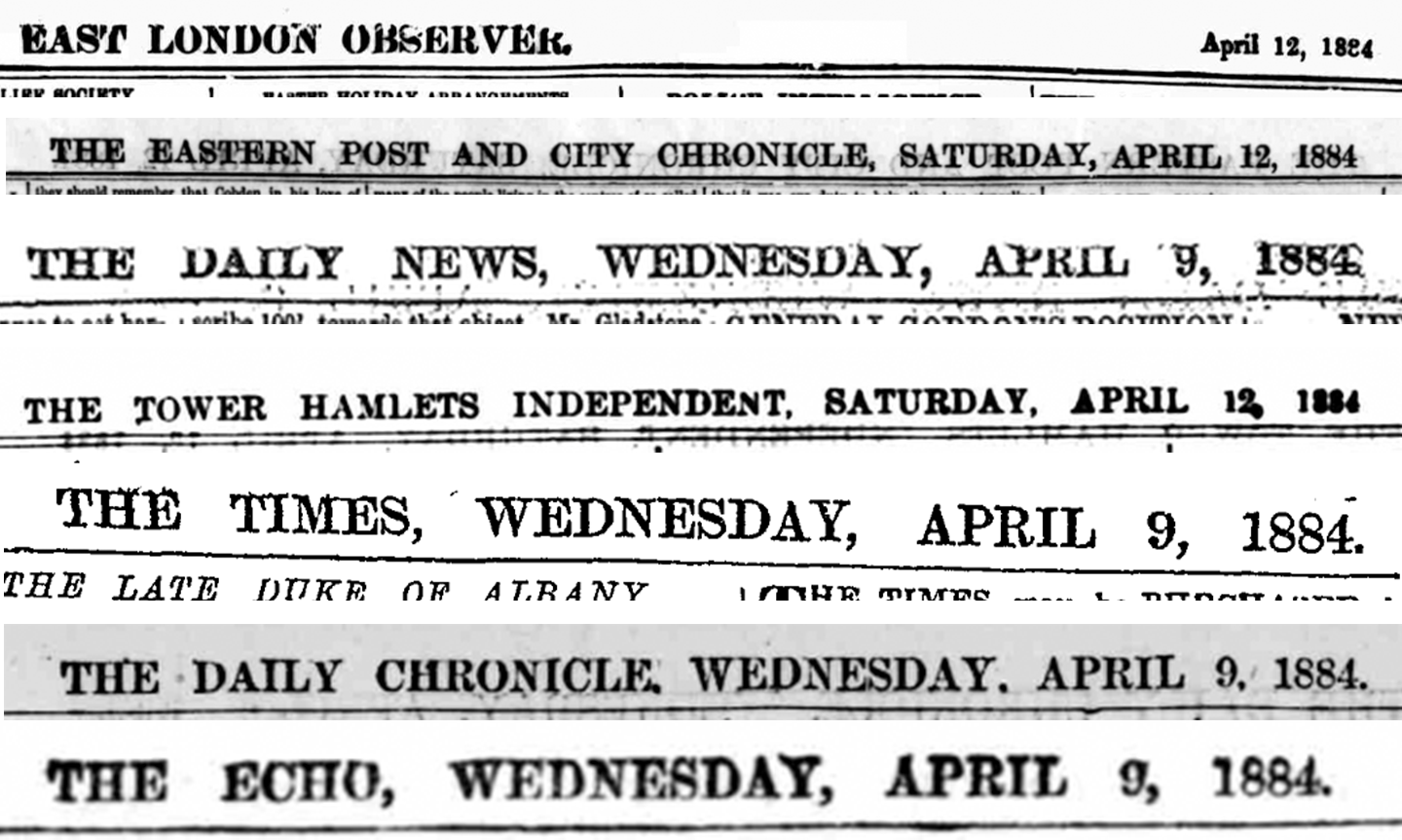 A collage of old newspaper mastheads and headlines, mostly dated between April 9 and April 12, 1884, from various London publications.
