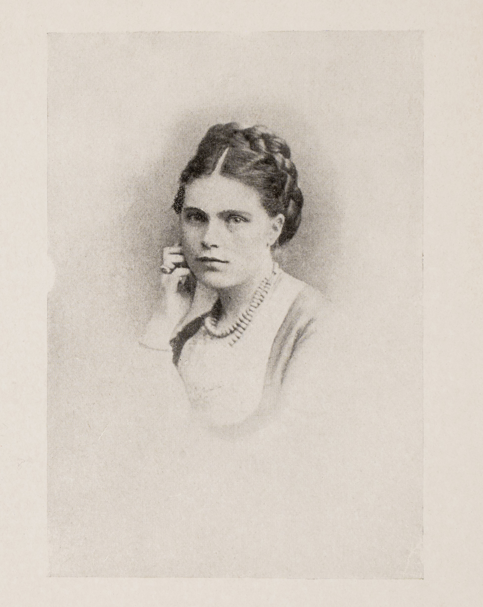 A vintage black and white portrait of a young woman with braided hair, dressed in 19th-century clothing, looking directly at the camera with a calm expression.