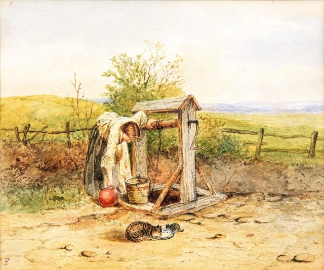 A woman leans over a wooden well, filling a bucket, while a tabby cat drinks from a dish nearby. A red ball rests on the ground, with fields, trees, and a rustic fence in the background under a clear sky.