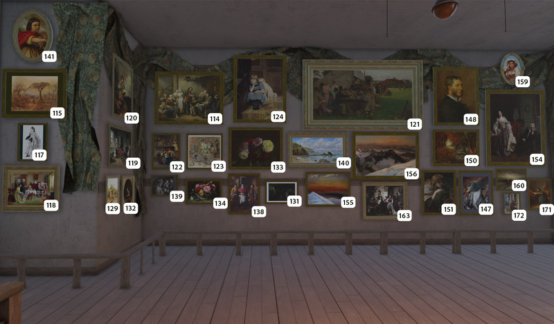 A wall in an art gallery displays many framed paintings, each labeled with a number. The room has wooden floors, benches, and some curtains draped on the upper left side.