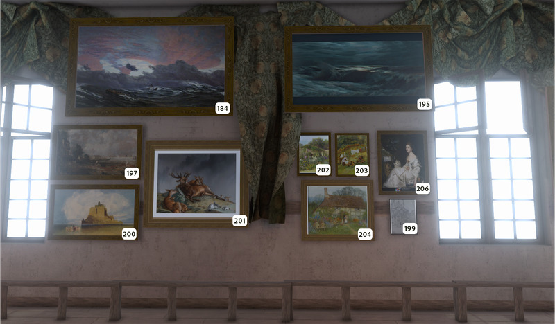 A gallery wall with labeled paintings, including seascapes, landscapes, a hunting scene, and a portrait, hung beneath draped curtains and between two tall windows.