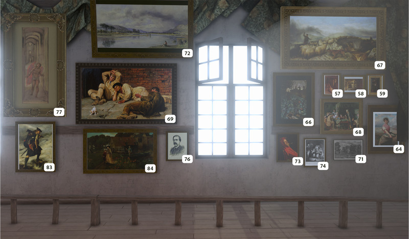A sunlit gallery wall displays framed paintings and photos, each labeled with numbers. A large window at the center divides the art. Benches are lined up along the wooden floor below the artwork.