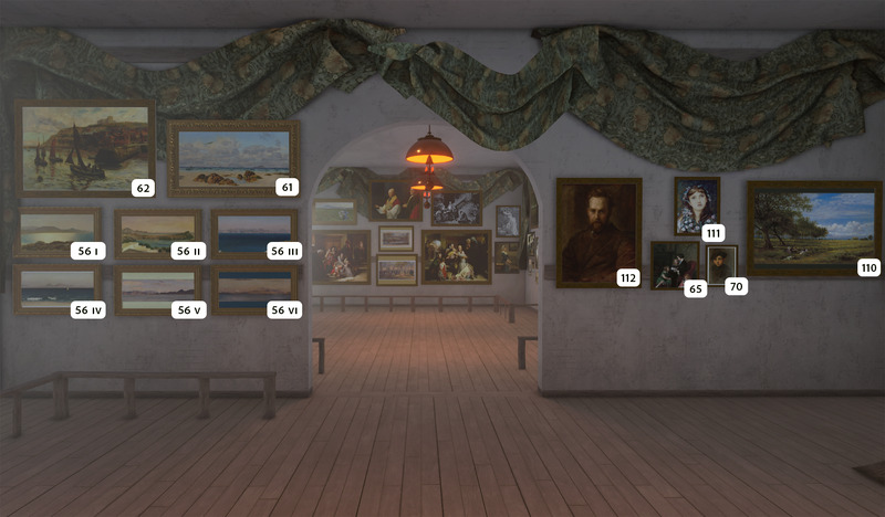 A virtual art gallery with framed paintings on white walls, labeled with numbers. A draped green curtain hangs above. Wooden floors and benches line the room, and a hanging lamp casts a warm glow.