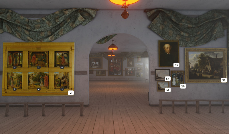 A virtual art gallery with paintings on pale walls, wooden floors, draped fabric above, and numbers labeling certain artworks. Warm ceiling lights illuminate the space.