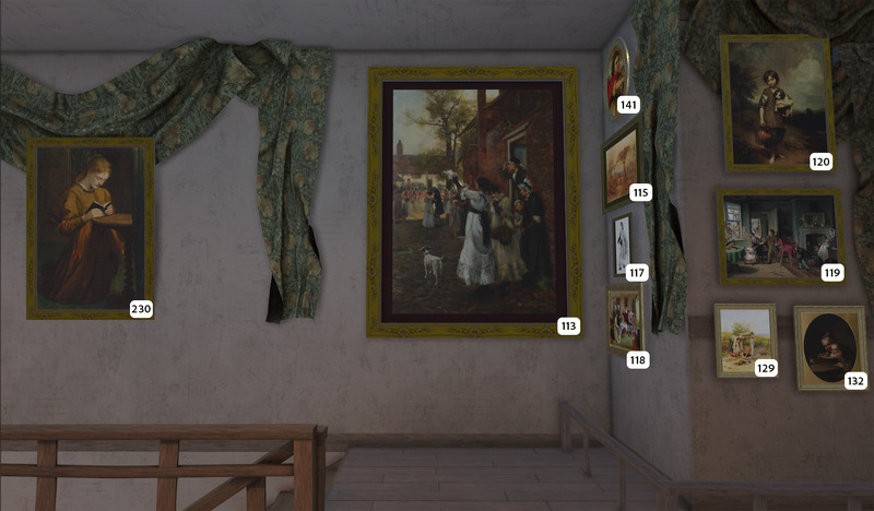 A museum wall displays various framed paintings, each labeled with a number. Green drapery hangs above the artwork, and a wooden railing is visible in the foreground.