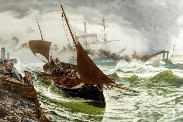 A small sailboat struggles in rough, choppy green waves near a rocky pier, as a steamship emits dark smoke in the background. The sky is cloudy and stormy, with a distant lighthouse visible on the left.
