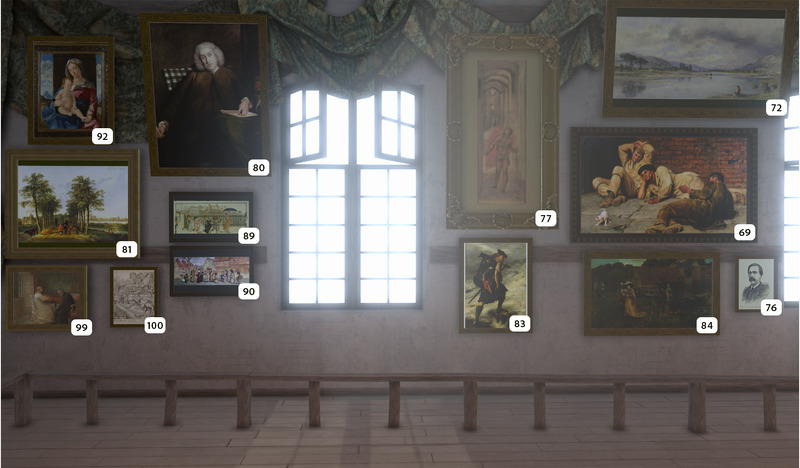A museum wall with many paintings, each labeled with a number, surrounding large windows with light streaming in. The room has wooden floors and benches under the paintings.