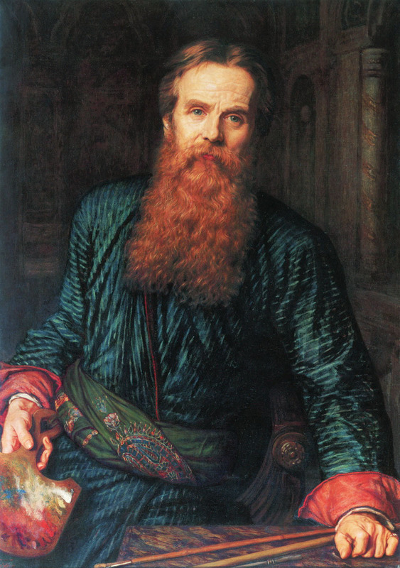 A man with a long reddish beard, wearing a dark green robe with red cuffs and a green sash, sits holding a painters palette and brushes, gazing forward in a detailed, classical-style portrait.