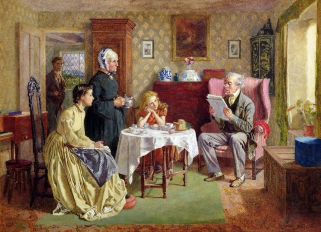 A man and woman in Regency-era clothing sit on wooden chairs, facing each other and conversing in an elegant, softly decorated room with a framed picture on the wall and light streaming through a window.