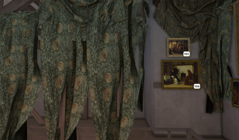 Two ornate green drapes hang above a wall displaying two framed paintings labeled 105 and 106. The background wall is light-colored, and part of a wooden railing is visible below.