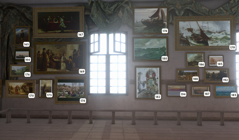 A museum wall displays many framed paintings, each labeled with a small number. Theres a window in the center, and a bench runs below the artwork along the floor.