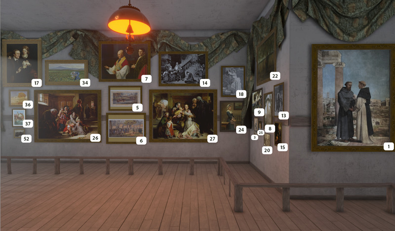 A museum gallery with numerous framed paintings on two walls, each painting labeled with a white numbered marker. A hanging orange lamp and a wooden bench are visible on the light wooden floor.