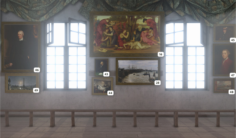 A gallery wall with various framed paintings, each labeled with a number. Two tall windows let in light, and a wooden bench sits below the art. Draped fabric hangs above the windows.