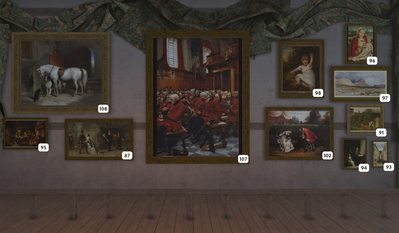 A gallery wall displays various framed paintings, including portraits, animals, and landscapes, each labeled with a small white number. Draped green fabric decorates the top of the gray wall above the paintings.