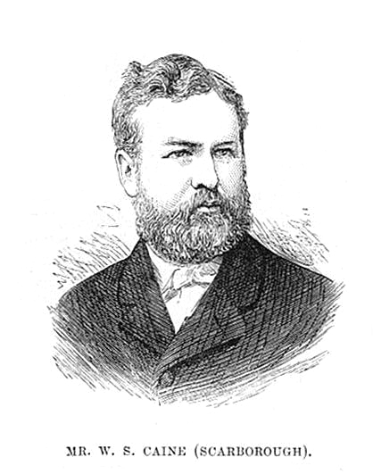 Black and white sketch of a bearded man in a suit, facing slightly left. Text below reads: MR. W. S. CAINE (SCARBOROUGH)..