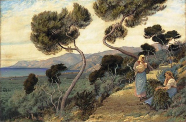 Two women in traditional clothing gather herbs on a hillside path lined with pine trees, overlooking a green valley and distant mountains by the sea under a partly cloudy sky.