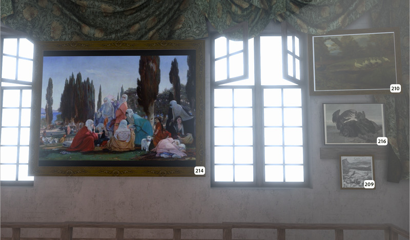 A wall with a large painting of people outdoors, framed by green curtains and flanked by tall windows. Three smaller artworks are also displayed, each marked with a number: 210, 214, and 216.