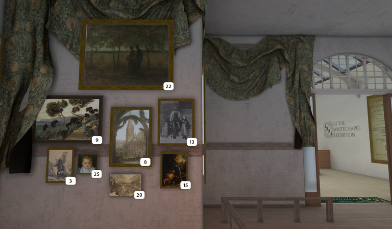 A wall with several framed paintings, each numbered. Draped green curtains frame the art. An open door reveals a sign reading 1884 AT THE WHITECHAPEL EXHIBITION in the adjacent room.