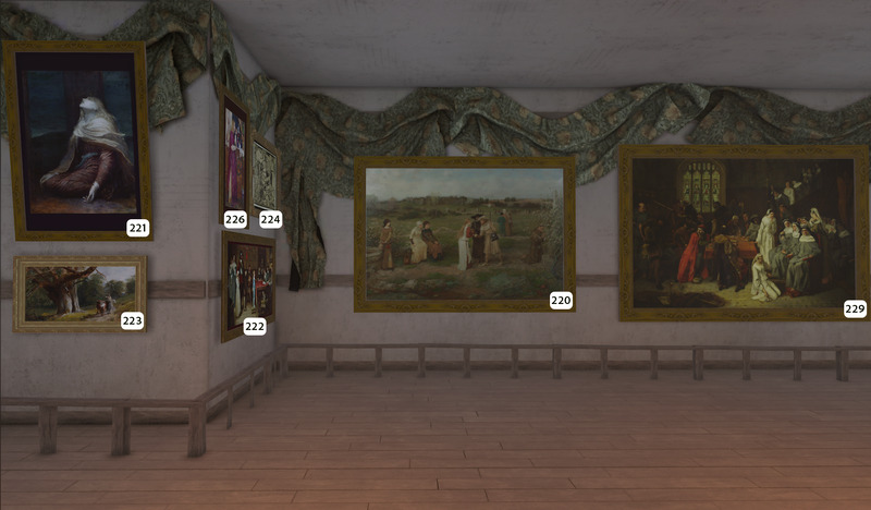 A virtual art gallery room displays several framed paintings on light-colored walls, each labeled with a number. A green drape hangs above the paintings. The floor appears wooden.