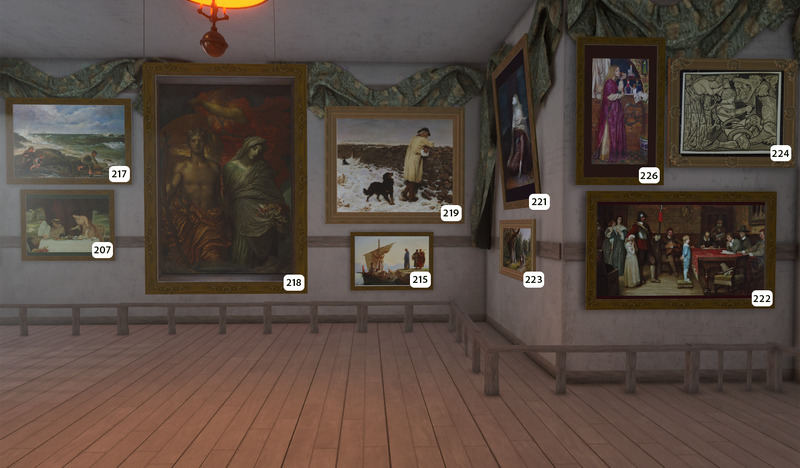 A museum gallery with several framed paintings on the walls, each labeled with a white number tag. The room has wooden floors, benches, and a dim hanging light overhead.